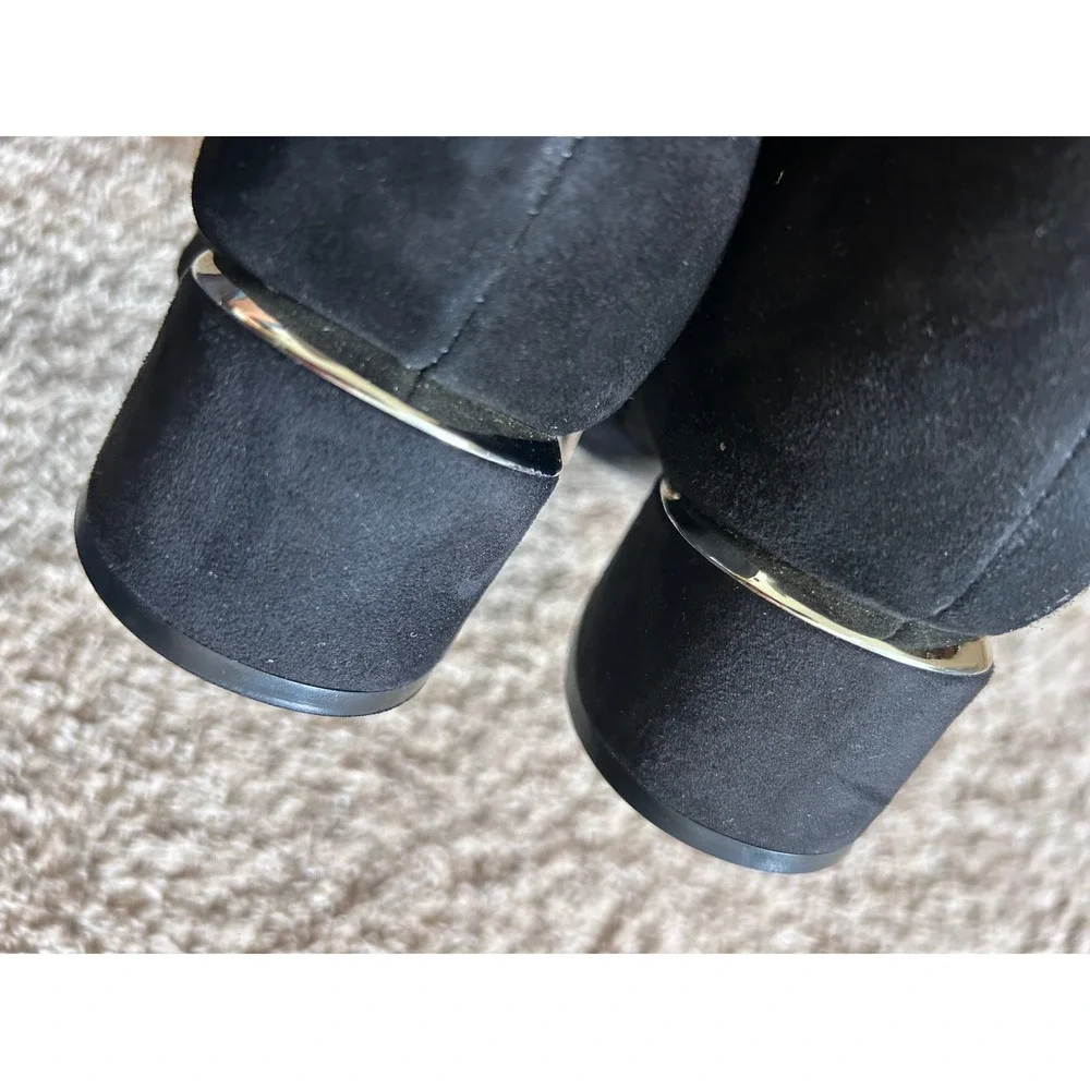 Nine West Black Suede 9x9 SZ 8/8.5 Ankle Boots Silver Trim Block Heel WNTRUNKE‎